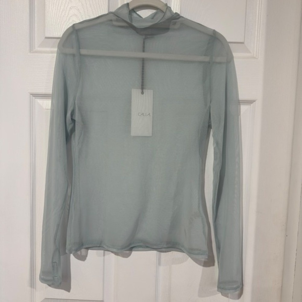 CALIA Smoked Turquoise Draped Funnel Long Sleeve Sheer Mesh Top Coachella M - Picture 2 of 6
